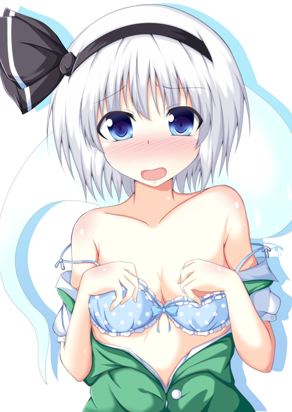 Anime picture 1020x1440 with touhou konpaku youmu myon naba (take tonbo) single tall image looking at viewer blush short hair open mouth blue eyes light erotic simple background white background bare shoulders white hair ghost girl hairband