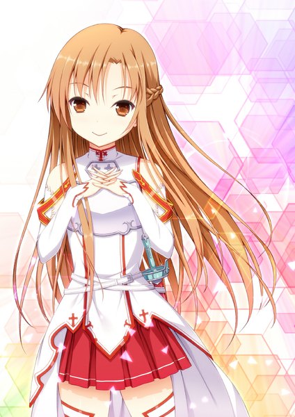 Anime picture 706x1000 with sword art online a-1 pictures yuuki asuna uehara yukihiko single long hair tall image looking at viewer smile brown hair bare shoulders brown eyes girl thighhighs skirt weapon detached sleeves white thighhighs sword