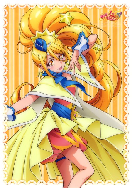 Anime picture 2489x3533 with precure hugtto! precure toei animation kagayaki homare cure etoile kawamura toshie single long hair tall image fringe highres open mouth blonde hair hair between eyes yellow eyes ponytail official art outstretched arm border magical girl