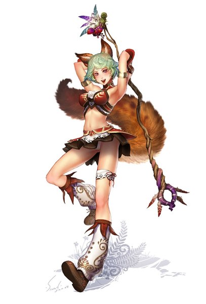 Anime picture 1026x1510 with perfect world sinad aruatjanapat tall image blush short hair open mouth light erotic simple background white background animal ears tail animal tail cat tail pantyshot girl navel boots staff