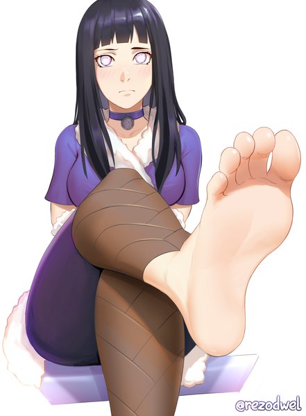 Anime picture 1620x2203 with naruto studio pierrot naruto (series) hyuuga hinata rezodwel single long hair tall image looking at viewer fringe breasts black hair simple background large breasts white background sitting signed blunt bangs twitter username crossed legs