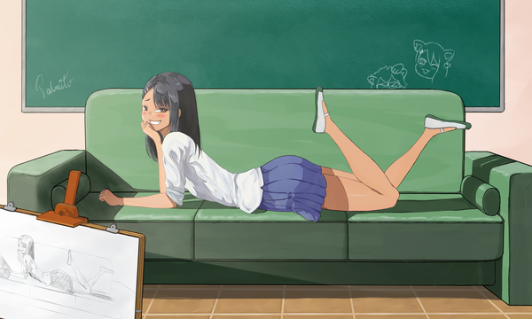 Anime picture 5000x3000 with ijiranaide nagatoro-san nagatoro hayase palmito single long hair looking at viewer blush highres black hair smile wide image brown eyes signed absurdres full body indoors lying shadow grin on stomach