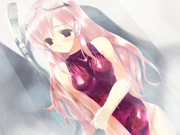 Anime picture 800x600 with sukumizu 2 hitomi yomi amazuyu tatsuki single long hair brown eyes pink hair game cg wet looking down highleg goggles on head holding arm girl ribbon (ribbons) swimsuit one-piece swimsuit goggles competition swimsuit shower