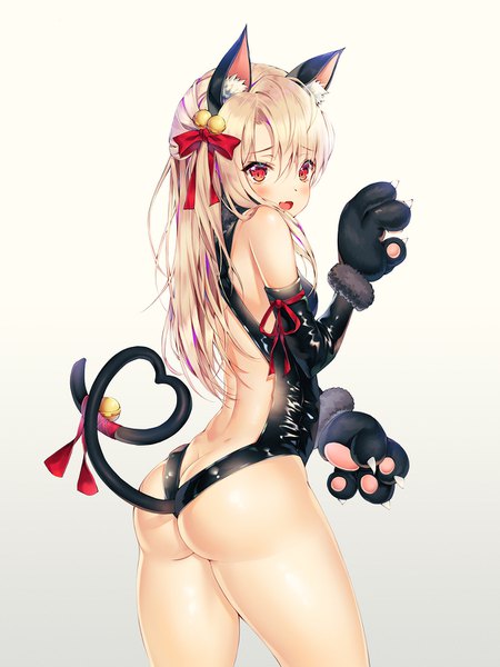 Anime-Bild 1125x1500 mit fate (series) fate/kaleid liner prisma illya illyasviel von einzbern mellozzo single long hair tall image looking at viewer blush fringe open mouth light erotic simple background blonde hair red eyes white background animal ears ass tail animal tail