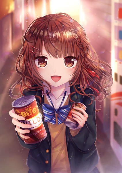 Anime picture 2894x4093 with original moe2019 raki1102mi single tall image looking at viewer blush fringe highres short hair open mouth smile brown hair standing holding brown eyes upper body outdoors braid (braids) :d