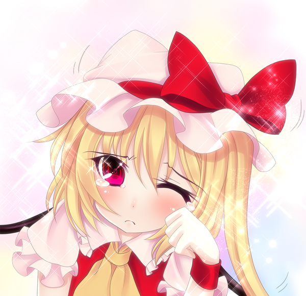 Anime picture 1200x1160 with touhou flandre scarlet kiyomin short hair blonde hair simple background red eyes one eye closed wink tears girl bow bonnet