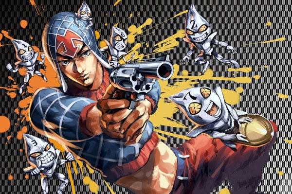 Anime picture 1550x1031 with jojo no kimyou na bouken guido mista sex pistols (stand) ruukii drift blue eyes looking away bent knee (knees) bare belly outstretched arm eyebrows yagasuri stand (jojo) boy weapon gun crop top cap revolver bullet