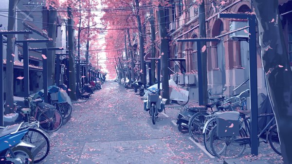 Anime picture 1920x1080 with original xi chen chen highres wide image realistic cherry blossoms no people street spring plant (plants) petals tree (trees) building (buildings) ground vehicle power lines motorcycle bicycle balcony