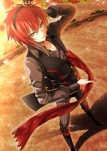 Anime picture 637x900 with actors: songs connection enjouji mike suzuka nene single tall image fringe short hair hair between eyes standing yellow eyes full body outdoors red hair sparkle open collar boy shirt vest crown mini crown