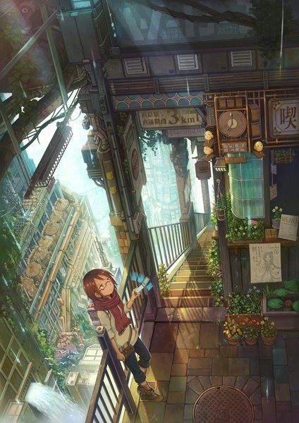 Anime picture 4296x6080 with original mitsuki (yu hsiang yi) single tall image fringe highres short hair brown hair standing holding yellow eyes absurdres indoors sunlight city looking up sunbeam scenic waterfall science fiction