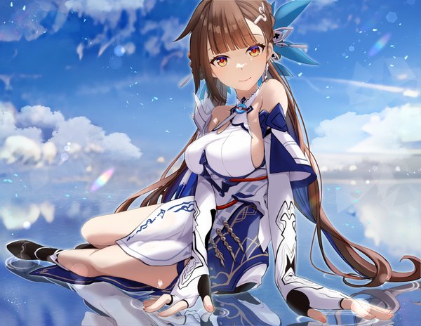 Anime picture 3643x2820 with honkai impact 3rd honkai (series) li sushang li sushang (jade knight) unnyori single long hair looking at viewer fringe highres breasts smile brown hair large breasts sitting twintails yellow eyes absurdres sky cloud (clouds)