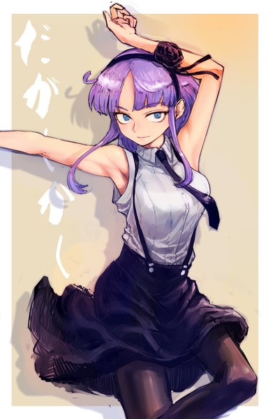 Anime picture 636x1000 with dagashi kashi feel (studio) shidare hotaru boyaking(sbf) single tall image fringe short hair blue eyes simple background payot looking away purple hair ahoge arms up shadow armpit (armpits) framed brown background girl