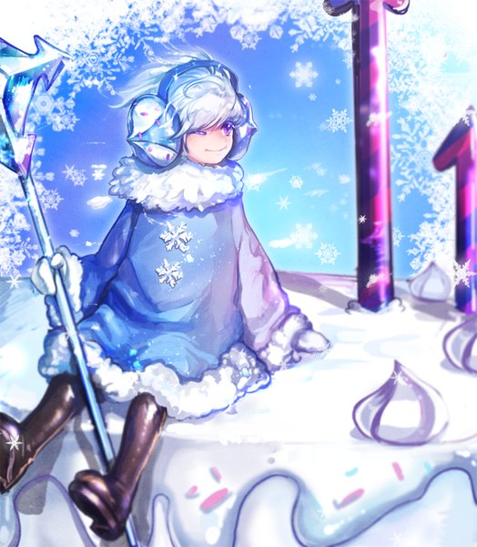 Anime picture 700x801 with cookie run snow sugar cookie ruck single tall image fringe short hair smile sitting purple eyes holding looking away sky silver hair full body outdoors one eye closed wind wink arm support