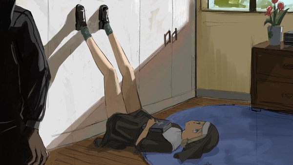 Anime-Bild 2048x1152 mit little nuns (diva) protagonist nun (diva) diva (hyxpk) highres short hair blue eyes blonde hair wide image full body indoors lying on back looking up solo focus head out of frame floor legs up nun ambiguous gender girl