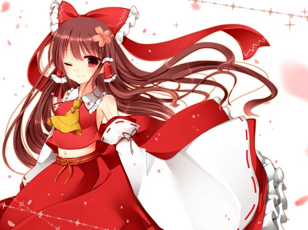 Anime picture 1969x1474 with touhou hakurei reimu yuzuki (blossom) single long hair blush highres red eyes brown hair one eye closed wink miko girl skirt hair ornament bow hair bow detached sleeves petals skirt set