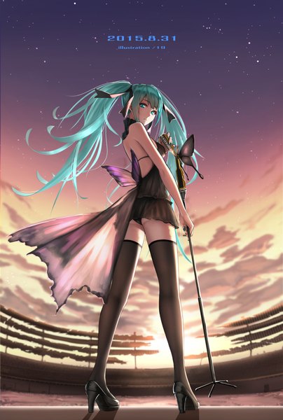 Anime picture 1333x1980 with vocaloid hatsune miku shijiu (adamhutt) single long hair tall image looking at viewer light erotic twintails sky cloud (clouds) looking back aqua eyes aqua hair pantyshot girl thighhighs dress underwear panties