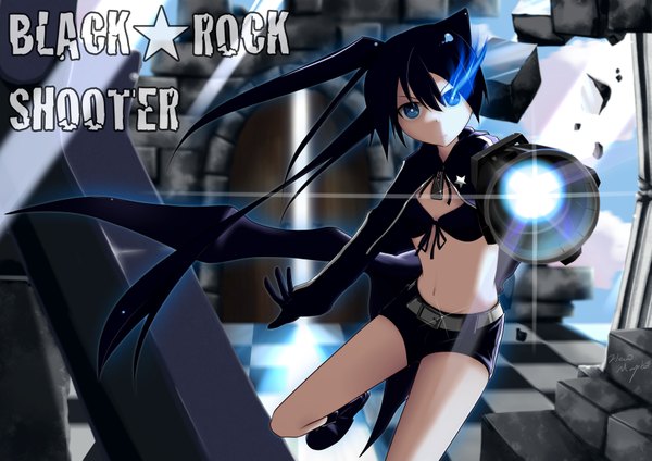 Anime picture 3508x2481 with black rock shooter black rock shooter (character) highres blue eyes black hair twintails absurdres glowing light glowing eye (eyes) checkered floor girl shorts coat bikini top stairs