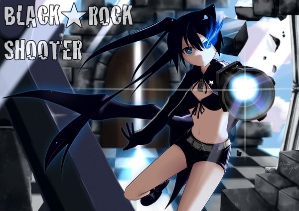 イラスト 3508x2481 と ブラック★ロックシューター black rock shooter (character) highres 青い目 黒髪 ツインテール absurdres glowing light glowing eye (eyes) checkered floor 女の子 ショーツ コート ビキニトップ 階段