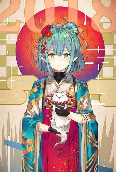 Anime picture 989x1466 with original enj! single tall image looking at viewer blush short hair holding green eyes upper body traditional clothes japanese clothes light smile pointy ears aqua hair hair bun (hair buns) new year 2018 girl gloves