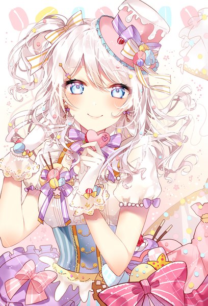 Anime picture 1204x1771 with bang dream! wakamiya eve taya oco single long hair tall image looking at viewer blush fringe breasts blue eyes light erotic simple background smile hair between eyes standing white hair one side up underbust girl
