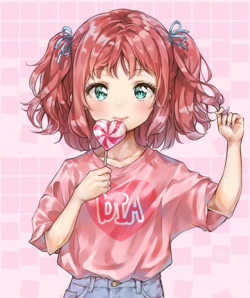 Anime picture 1646x1963 with love live! sunshine!! sunrise (studio) love live! kurosawa ruby takenoko no you single tall image looking at viewer blush short hair upper body red hair aqua eyes light smile two side up pink background playing with hair girl ribbon (ribbons) hair ribbon