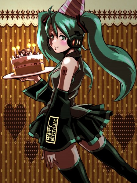 Anime picture 1534x2048 with vocaloid hatsune miku ryon (artist) single long hair tall image blush twintails green eyes looking back green hair happy birthday girl skirt hat detached sleeves miniskirt headphones party hat