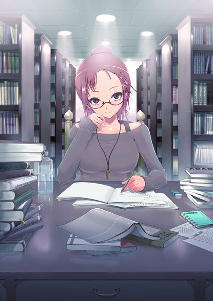 Anime picture 800x1130 with original kasai shin single tall image looking at viewer short hair purple eyes purple hair girl glasses book (books) sweater shelf bookshelf key
