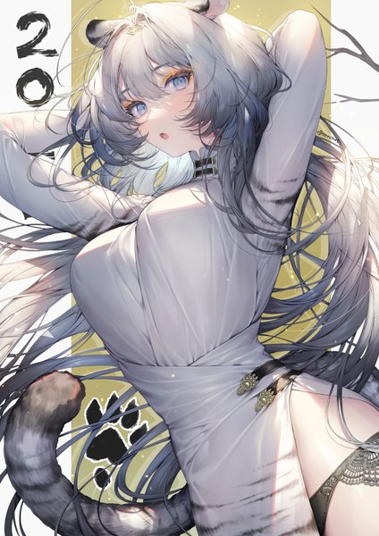 Anime picture 1024x1448 with original senchat single long hair tall image looking at viewer blush breasts blue eyes light erotic simple background signed animal ears payot tail animal tail grey hair arms up :o twitter username