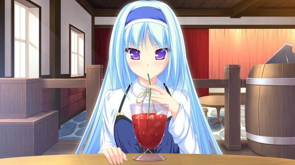 Anime picture 1920x1080 with ryuuyoku no melodia selphie lainlut tenmaso long hair blush highres wide image purple eyes blue hair game cg drinking girl dress hairband