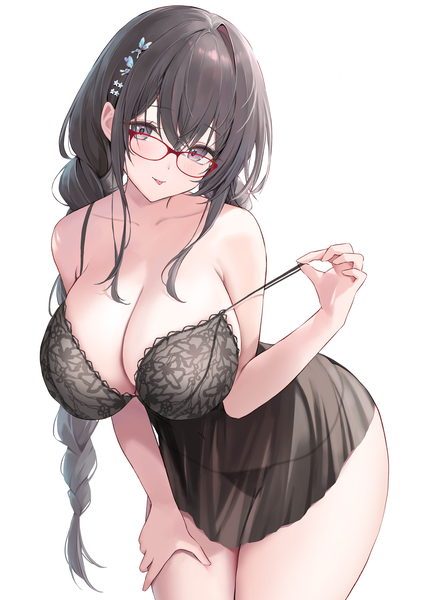 Anime picture 2894x4093 with original huziko32 single long hair tall image looking at viewer fringe highres breasts light erotic simple background hair between eyes standing white background braid (braids) grey hair grey eyes leaning leaning forward huge breasts