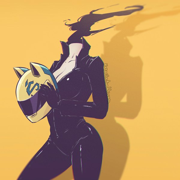 Anime picture 1024x1024 with durarara!! brains base (studio) celty sturluson koyoriin single breasts simple background standing signed animal ears cleavage cat ears shadow anaglyph yellow background headless girl gloves black gloves bodysuit