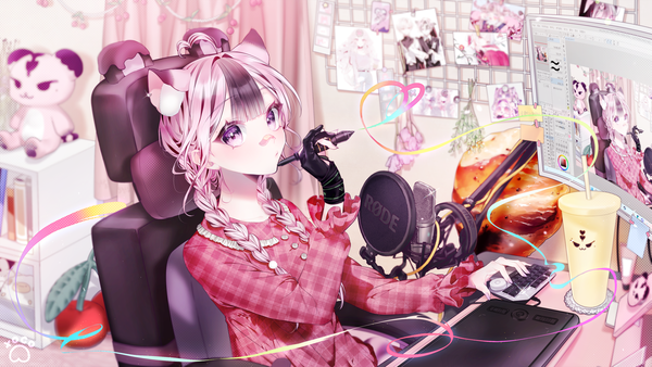 Anime picture 3840x2160 with original virtual youtuber indie virtual youtuber dear: (utaite) xoco (vtuber) xoco single long hair looking at viewer fringe highres wide image sitting purple eyes signed animal ears absurdres silver hair ahoge indoors