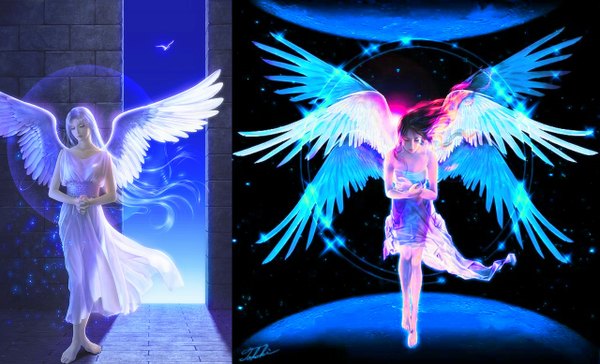Anime picture 1280x778 with takashi mare long hair black hair wide image multiple girls signed white hair eyes closed very long hair no shoes angel wings space angel 3d girl 2 girls animal wings bird (birds) planet