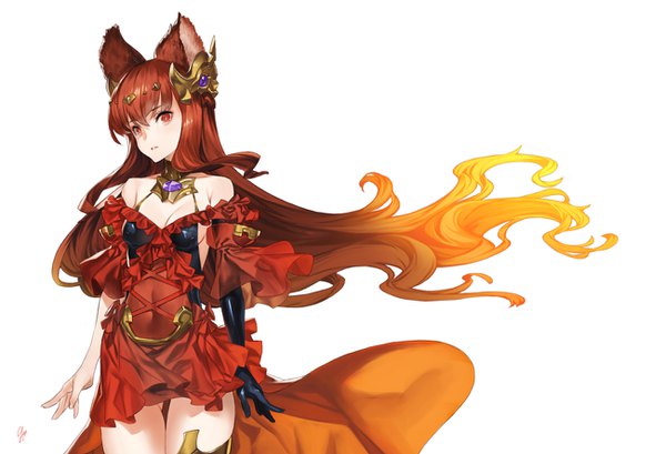 Anime picture 1300x888 with granblue fantasy anthuria 92m single long hair looking at viewer fringe light erotic simple background hair between eyes red eyes brown hair white background bare shoulders animal ears cleavage multicolored hair wind thigh gap ass visible through thighs