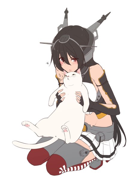 Anime picture 738x1020 with kantai collection nagato battleship kyara36 long hair tall image blush black hair simple background red eyes white background bare shoulders holding bent knee (knees) tail animal tail pleated skirt cat tail squat thighhighs skirt