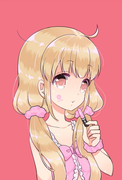 Anime picture 600x888 with idolmaster idolmaster cinderella girls futaba anzu ohlala single long hair tall image fringe breasts simple background twintails brown eyes payot ahoge blunt bangs low twintails flat chest pink background wrist scrunchie lipstick mark