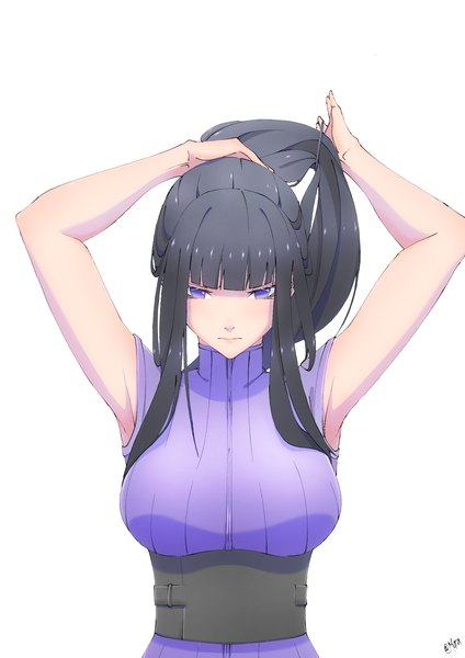Anime picture 1240x1754 with naruto studio pierrot naruto (series) hyuuga hinata mura (user prxk3538) single long hair tall image looking at viewer fringe breasts black hair simple background standing white background purple eyes signed payot upper body ponytail
