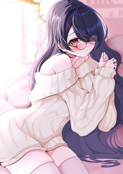 Anime picture 2894x4093 with blue archive hinata (blue archive) tarakopng single long hair tall image blush fringe highres black hair red eyes indoors hair over one eye alternate costume zettai ryouiki bespectacled girl thighhighs white thighhighs glasses