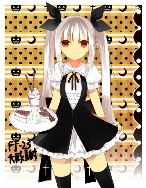Anime picture 1000x1286 with original senya fuurin single long hair tall image looking at viewer smile red eyes twintails white hair girl thighhighs dress bow black thighhighs hair bow sweets cake tray