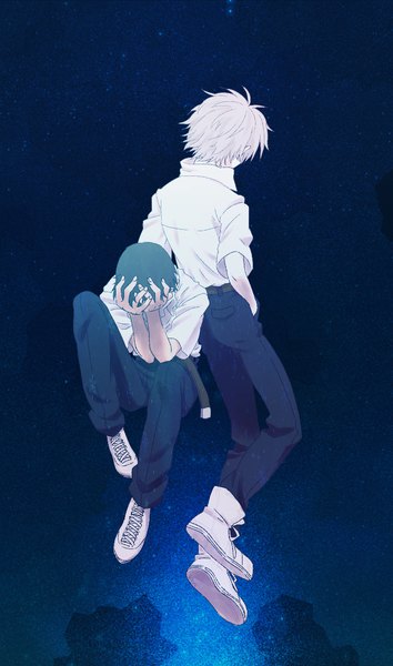 Anime picture 768x1300 with neon genesis evangelion gainax ikari shinji nagisa kaworu kunikichi tall image short hair black hair standing sitting full body bent knee (knees) white hair from behind night multiple boys night sky hands in pockets boy uniform