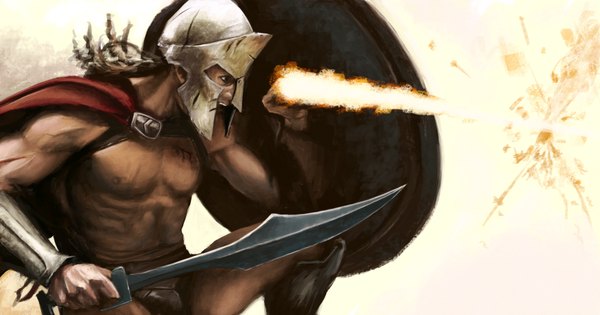 Anime-Bild 1754x922 mit 300 mubouou aasaa highres wide image scar battle warrior boy sword armor fire helmet shield