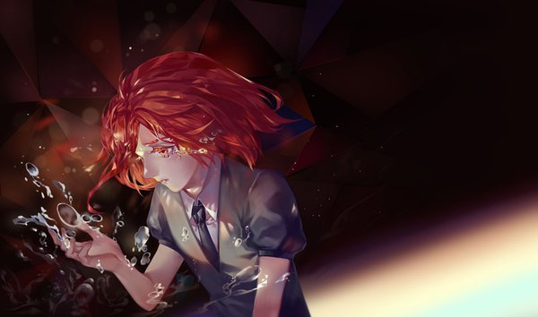 Anime picture 900x532 with houseki no kuni cinnabar (houseki no kuni) van (artist) single short hair red eyes wide image red hair profile puffy sleeves black background looking down androgynous necktie water drop