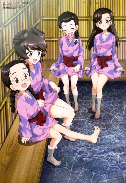 Anime picture 4086x5933 with girls und panzer megami magazine nishi kinuyo fukuda (girls und panzer) hosomi (girls und panzer) tamada (girls und panzer) sugimoto isao long hair tall image blush highres open mouth black hair sitting multiple girls brown eyes absurdres braid (braids) eyes closed traditional clothes