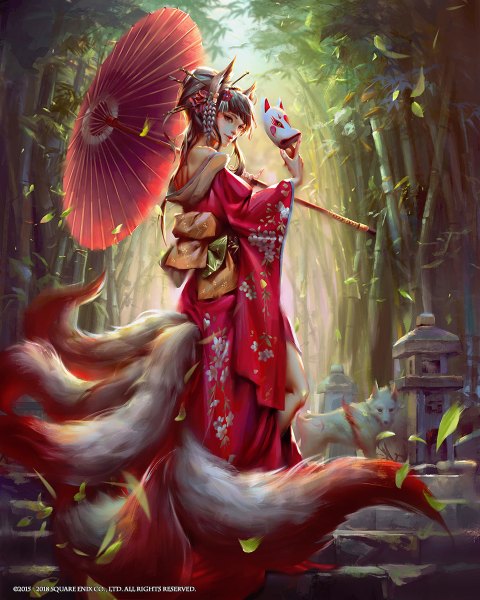 Anime picture 960x1200 with mobius final fantasy tamamo no mae (mobius final fantasy) yu cheng hong single long hair tall image looking at viewer fringe black hair standing bare shoulders holding brown eyes animal ears full body outdoors tail blunt bangs traditional clothes japanese clothes
