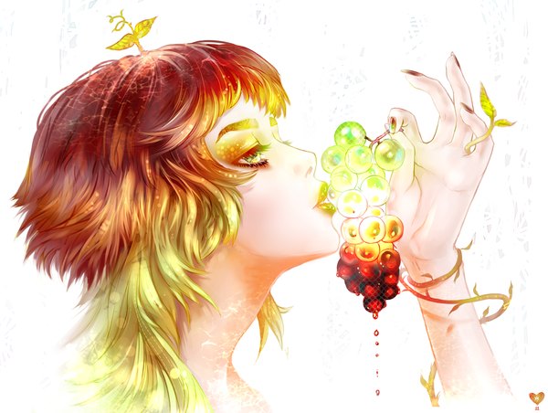 Anime picture 1485x1120 with original unkai tenshi single short hair white background red hair nail polish profile multicolored hair lips eyeshadow girl food water drop berry (berries) grapes