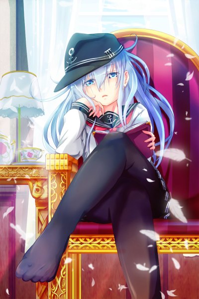 Anime picture 850x1275 with kantai collection hibiki destroyer hopper single long hair tall image looking at viewer blue eyes sitting blue hair legs girl skirt pantyhose black pantyhose feather (feathers) sailor suit flat cap anchor symbol