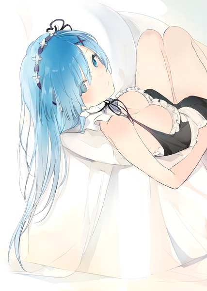 Anime picture 663x932 with re:zero kara hajimeru isekai seikatsu white fox rem (re:zero) lpip single long hair tall image looking at viewer blush fringe breasts blue eyes light erotic smile blue hair bent knee (knees) hair over one eye on back alternate hairstyle reclining