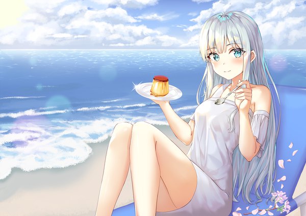 Anime picture 1754x1240 with original kokose single long hair looking at viewer blush fringe highres blue eyes smile sitting bare shoulders holding sky silver hair cloud (clouds) outdoors blunt bangs lens flare horizon