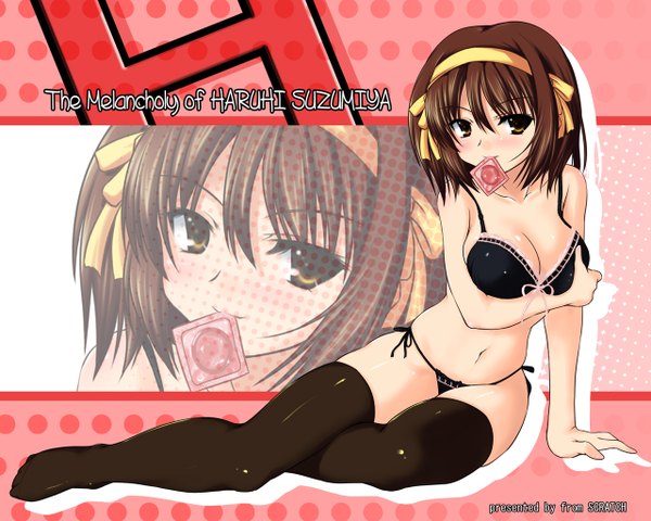 Anime picture 1280x1024 with suzumiya haruhi no yuutsu kyoto animation suzumiya haruhi johnny (from scratch) single looking at viewer fringe short hair breasts light erotic smile hair between eyes brown hair large breasts brown eyes signed payot full body bent knee (knees) no shoes