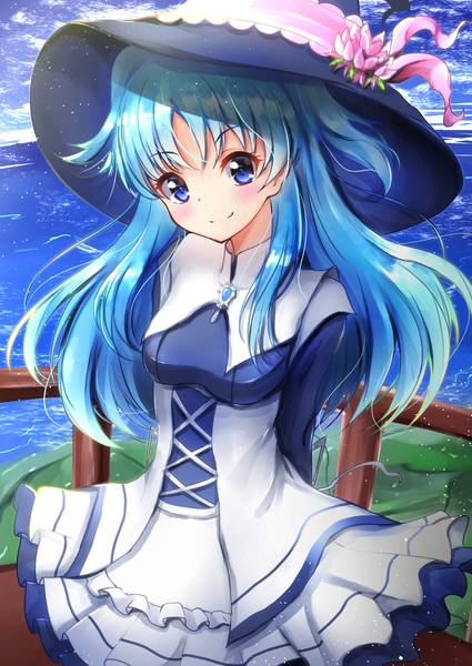 Anime picture 1000x1412 with shuumatsu nani shitemasu ka? isogashii desu ka? sukutte moratte ii desu ka? chtholly nota seniorious ymd (holudoun) single long hair tall image looking at viewer blush fringe breasts blue eyes smile hair between eyes standing payot blue hair sky cloud (clouds) outdoors head tilt